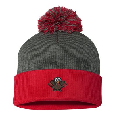 Go All Out One Size Dark Heather Grey/red Pom Turkey Embroidered Knit Beanie Pom Cap