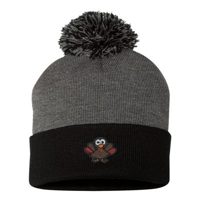 One Size Dark Heather Grey/Black Pom Turkey Embroidered Knit Beanie Pom Cap