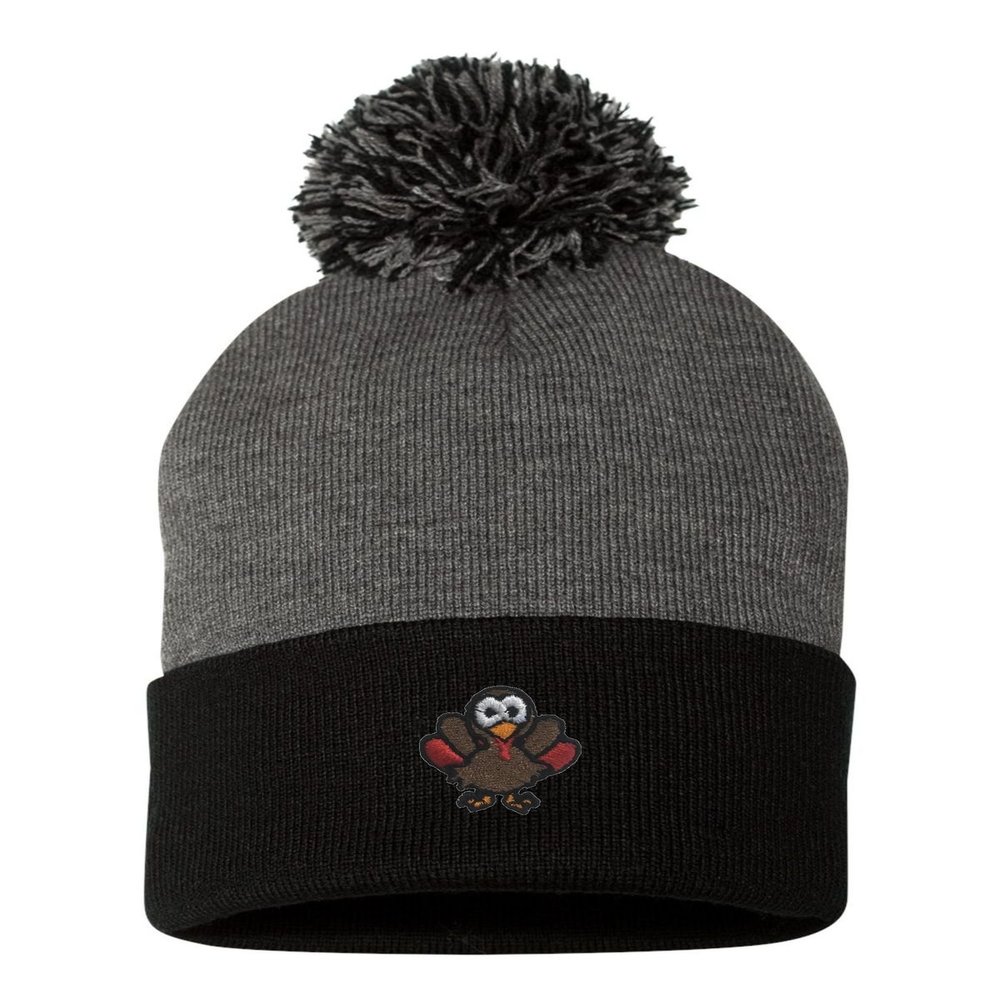 One Size Dark Heather Grey/Black Pom Turkey Embroidered Knit Beanie Pom Cap