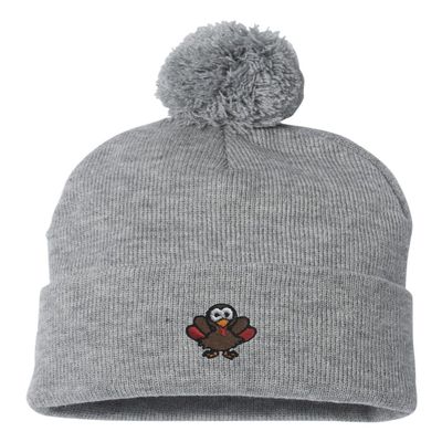 Go All Out One Size Heather Grey Pom Turkey Embroidered Knit Beanie Pom Cap