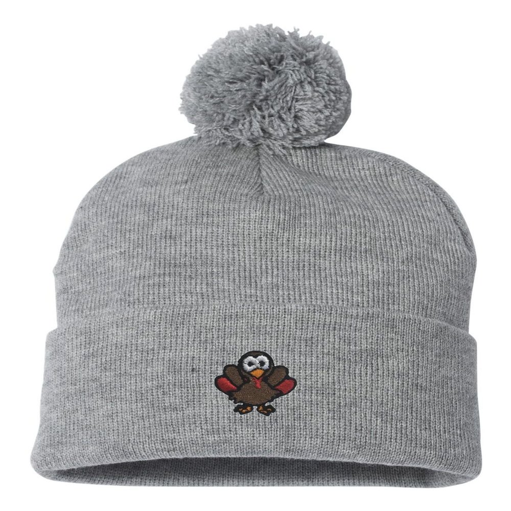 Go All Out One Size Heather Grey Pom Turkey Embroidered Knit Beanie Pom Cap