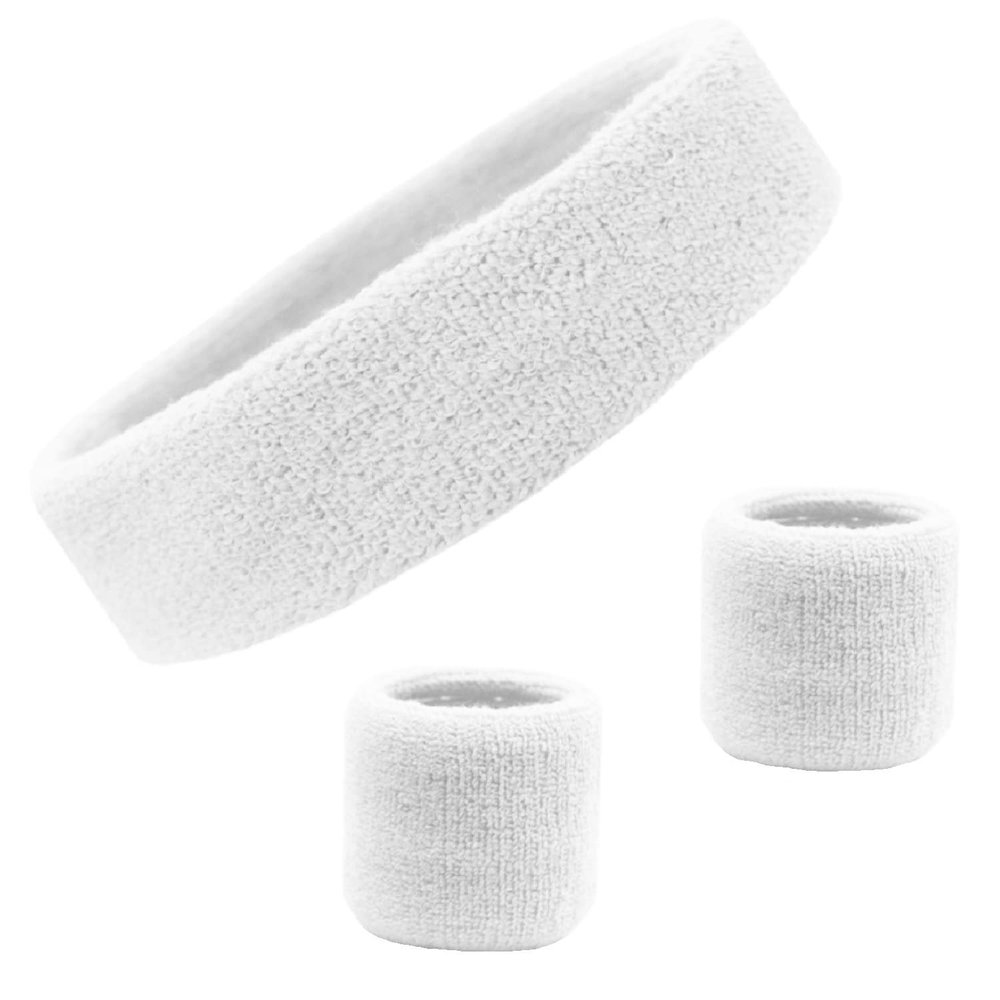 Kenz Laurenz Sweatband Set Cotton Sports Headband Terry Cloth Wristband Moisture Wicking Sweat Absorbing Athletic Exercise Basketball Wrist Sweatbands and Headbands (White) Fits Most