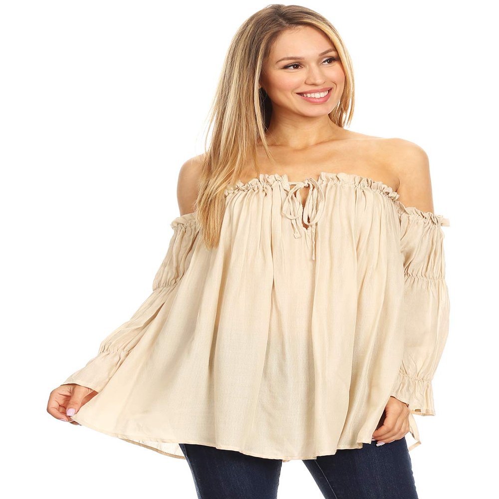 Anna-Kaci Womens Semi Sheer Boho Peasant Long Sleeve Off The Shoulder Top, Beige, X-Large