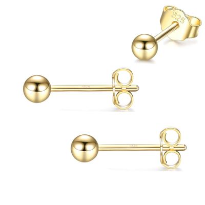 1 Pair Adabele Real 18K Yellow Gold Plated Sterling Silver Hypoallergenic Ball Post Stud Earrings 3mm Small Tiny Cute Round Ear Studs Women Jewelry SSE38-3