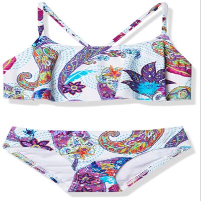 Kanu Surf Big Girl's Melody Paisley Flounce Bikini Beach Sport 2-Piece Swimsuit Swimwear, White, 8