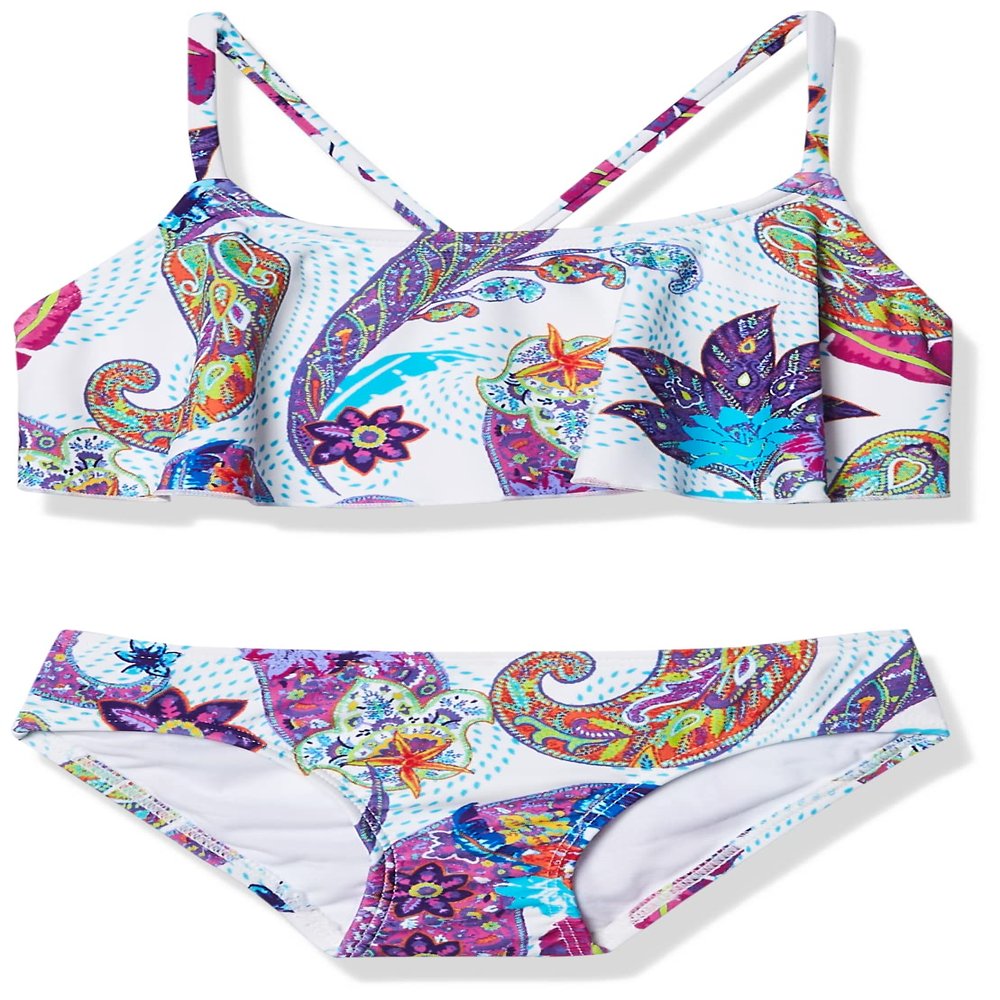 Kanu Surf Big Girl's Melody Paisley Flounce Bikini Beach Sport 2-Piece Swimsuit Swimwear, White, 8