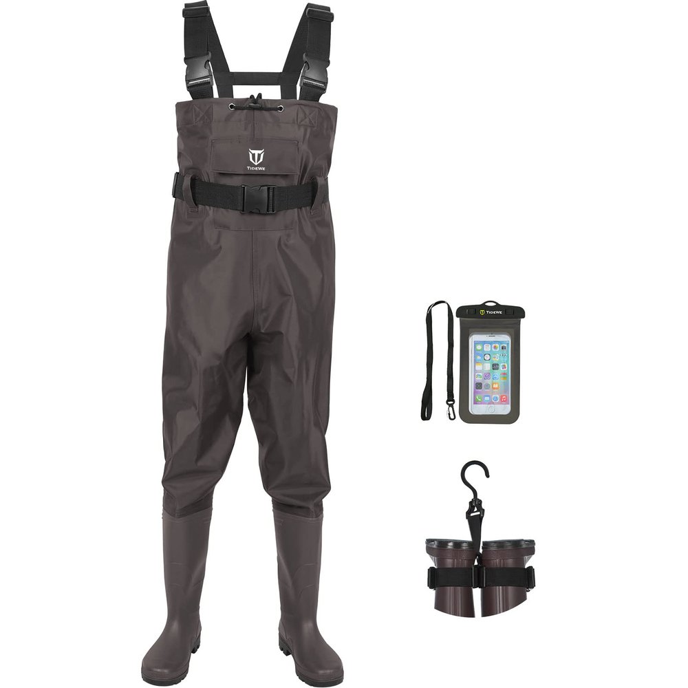 TIDEWE Bootfoot Chest Wader, 2-Ply Nylon/PVC Waterproof Fishing & Hunting Waders with Boot Hanger for Men and Women Brown Size 7