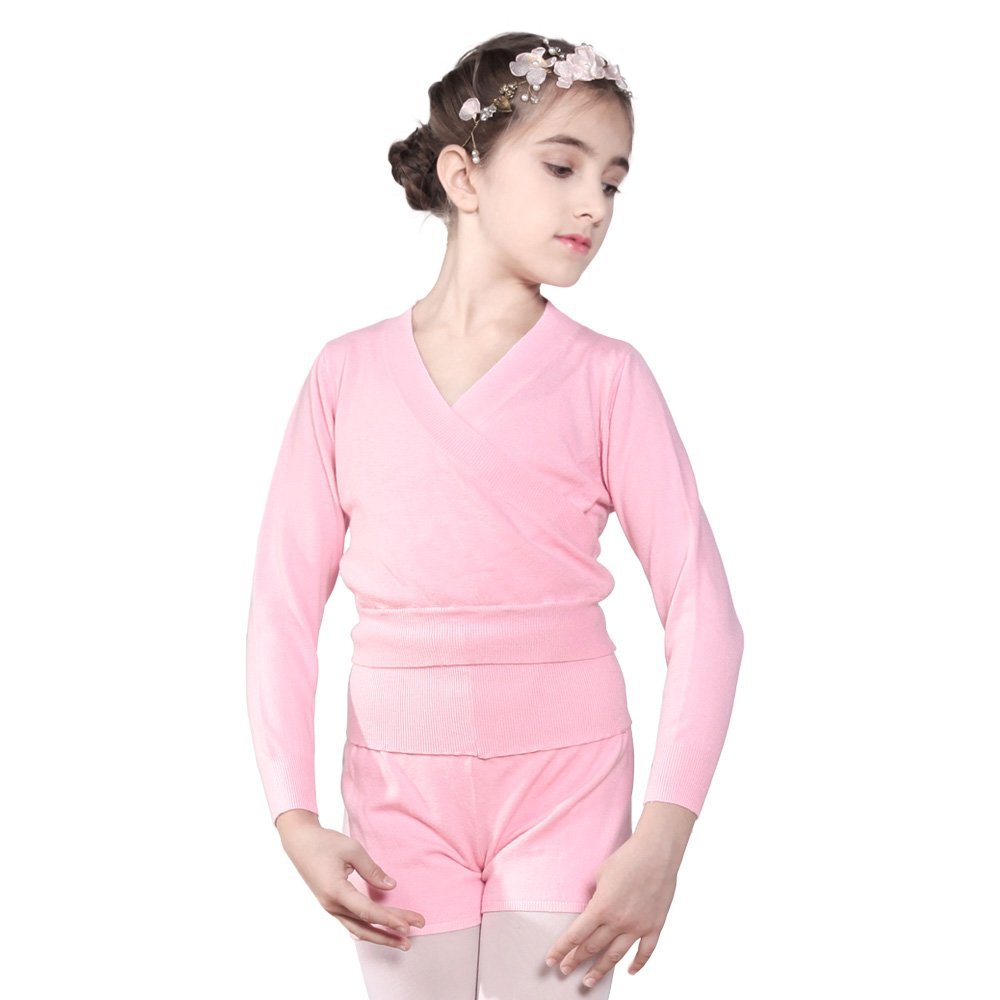 117246005 Long Sleeve Cross Front Warm Ups Dance Wrap Top Sweaters for Girls Ballet Pink