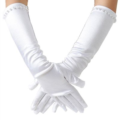 TanQiang Fashion Kids White Gloves Stretch Satin Long Finger Gloves For Flower Girl Children Party Beading Long Gloves kids