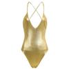 FEESHOW Women's Metallic Camisole Dance Leotard Bodysuit One Piece Deep V Swimsuit Gold X-Large view 4