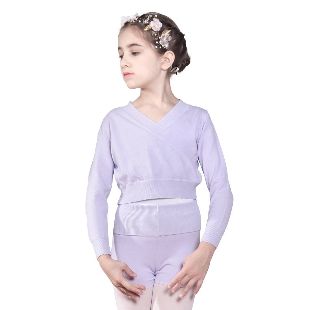 117246005 Long Sleeve Cross Front Warm Ups Dance Wrap Top Sweaters for Girls Lilac Purple