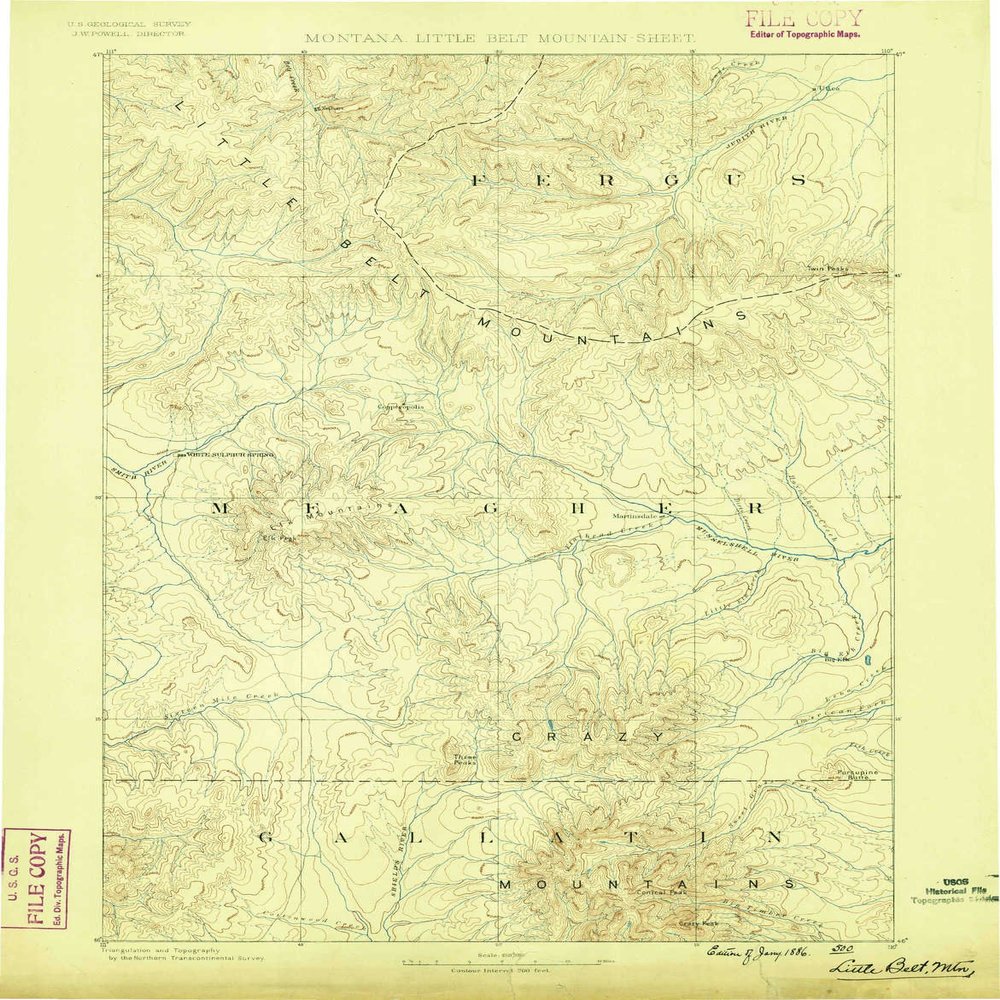 YellowMaps Little Belt MTS MT topo map, 1:250000 Scale, 1 X 1 Degree, Historical, 1886, 19.8 x 15.4 in - Tyvek