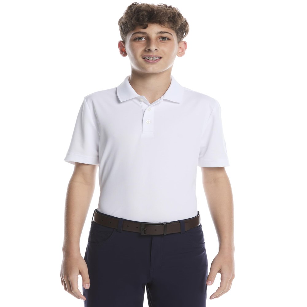 PGA TOUR Boys Airflux Short Sleeve Golf Polo Shirt, Ribbed Collar, Moisture-Wicking, Sun Protection, Ventilated Lightweight, Bright White, Small