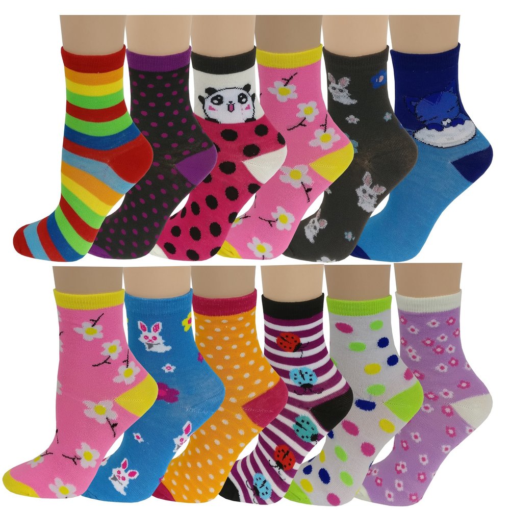 Ayla 12 Pairs Pack Kids Girls Colorful Creative Fun Novelty Design Crew Socks (6-8, Assorted Design)
