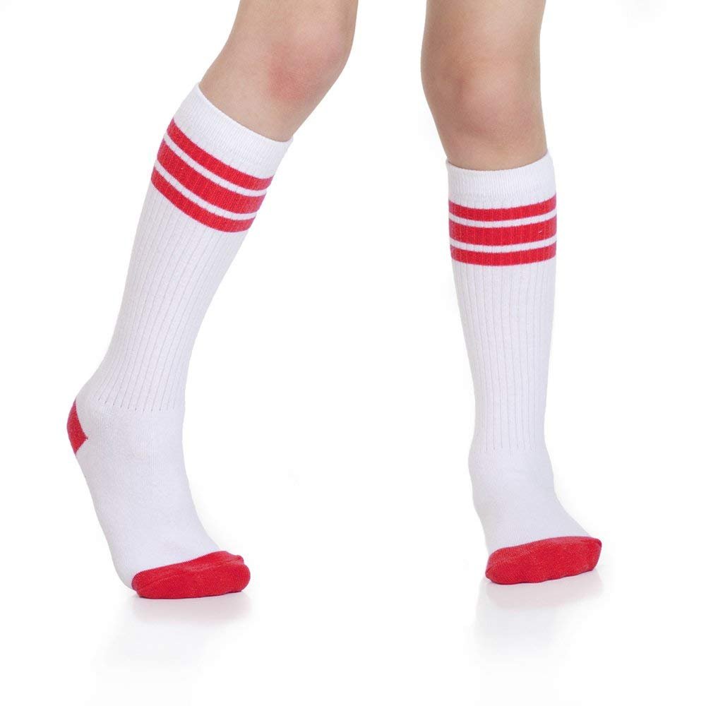 juDanzy Baby, Toddler and Kids Knee High Tube Socks for Boys and Girls with Grips (1 Pair) (2-4 Years (Shoe Size 6C-9C), White/Red)