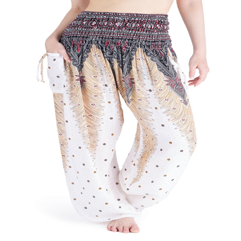 Lannaclothesdesign Women's Smocked Waist Boho Flowy Yoga Harem Pants Hippie Clothes (XXL, White)