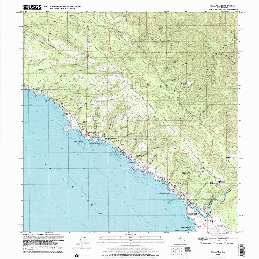 YellowMaps Gualala CA topo map, 1:24000 Scale, 7.5 X 7.5 Minute, Historical, 1998, Updated 2002, 26.9 x 21.5 in - Tyvek