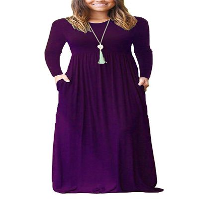 AUSELILY Plus Size Maxi Dress for Women Casual Long Sleeve Crewneck Empire Waist Long Dresses with Pockets 2026 Purple 2XL