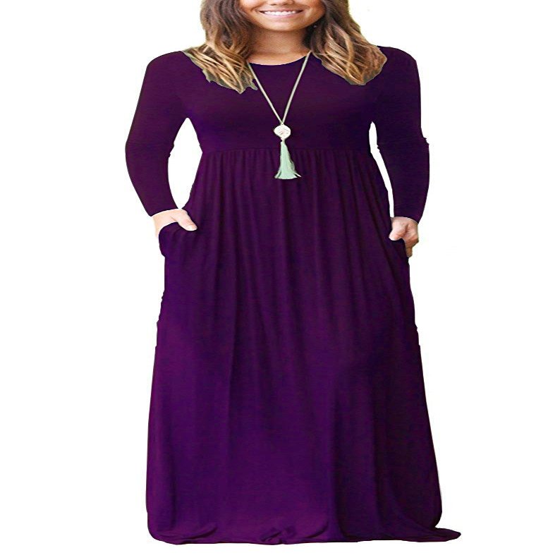 AUSELILY Plus Size Maxi Dress for Women Casual Long Sleeve Crewneck Empire Waist Long Dresses with Pockets 2026 Purple 2XL