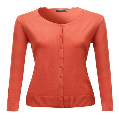 Basic Solid Round Neck Sweater Cardigan Orange Size L