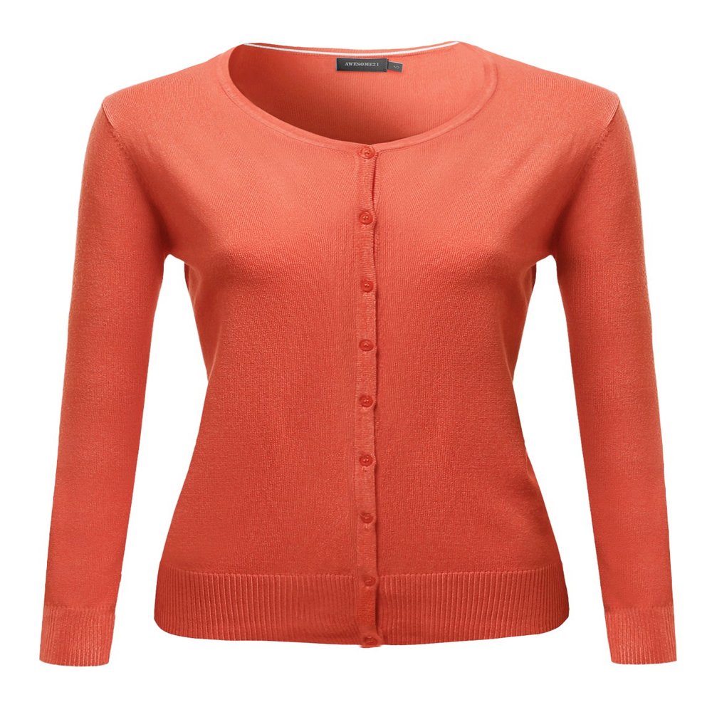 Basic Solid Round Neck Sweater Cardigan Orange Size L