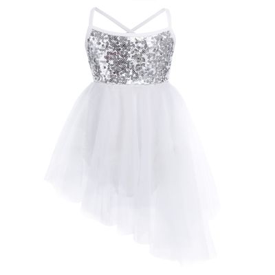 YiZYiF Kids Girl's Camisole Sequined Tutu Ballet Dance Party Leotard Dress (3-4, Asymmetric White)