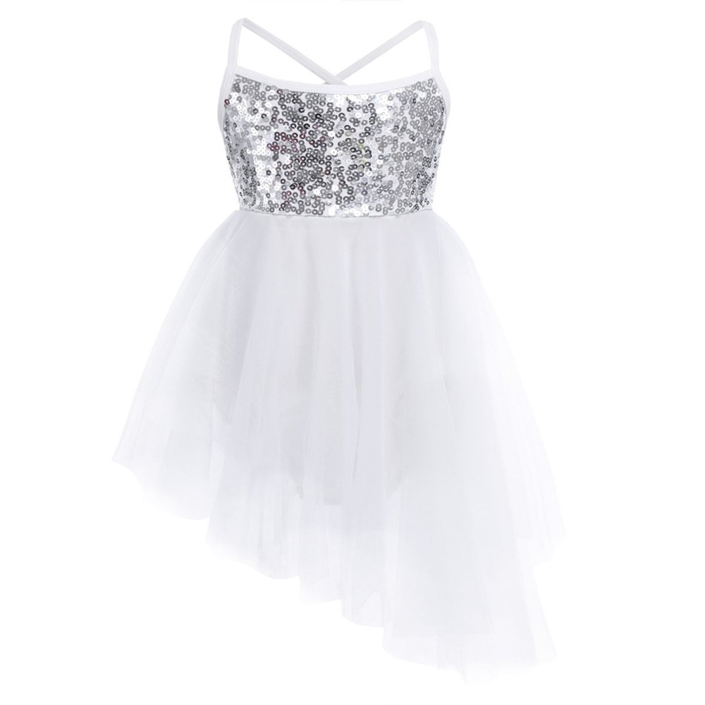YiZYiF Kids Girl's Camisole Sequined Tutu Ballet Dance Party Leotard Dress (3-4, Asymmetric White)