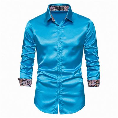 BCDshop Men's Fashion Slim Solid Shiny Dance Prom Dress Shirt Regular Fit Long Sleeve (Blue, M)