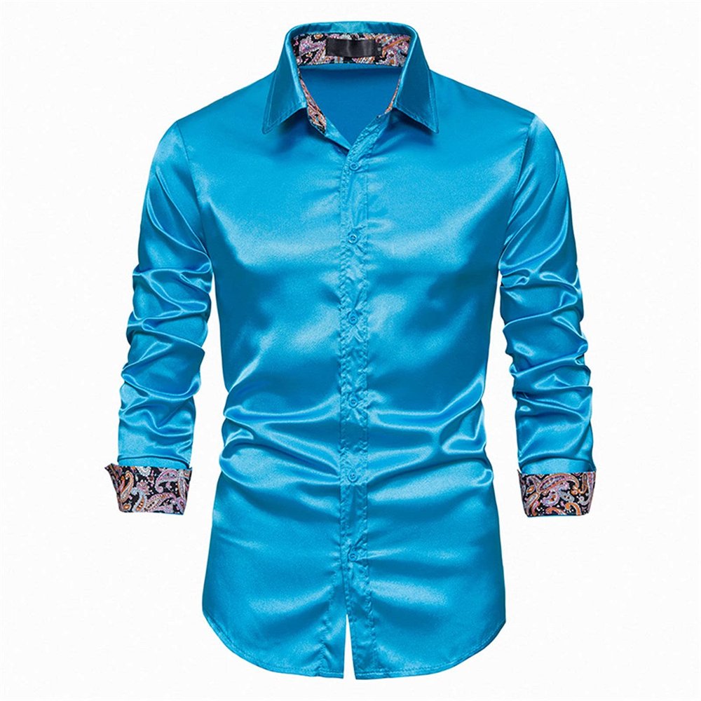 BCDshop Men's Fashion Slim Solid Shiny Dance Prom Dress Shirt Regular Fit Long Sleeve (Blue, M)