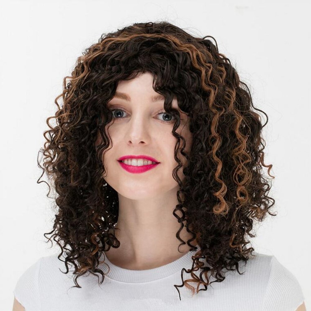 Long Hair Curly Wavy Full Head Synthetic Wigs Cosplay Costume Party Hairpiece + Free Wig Cap (Black&Glod)