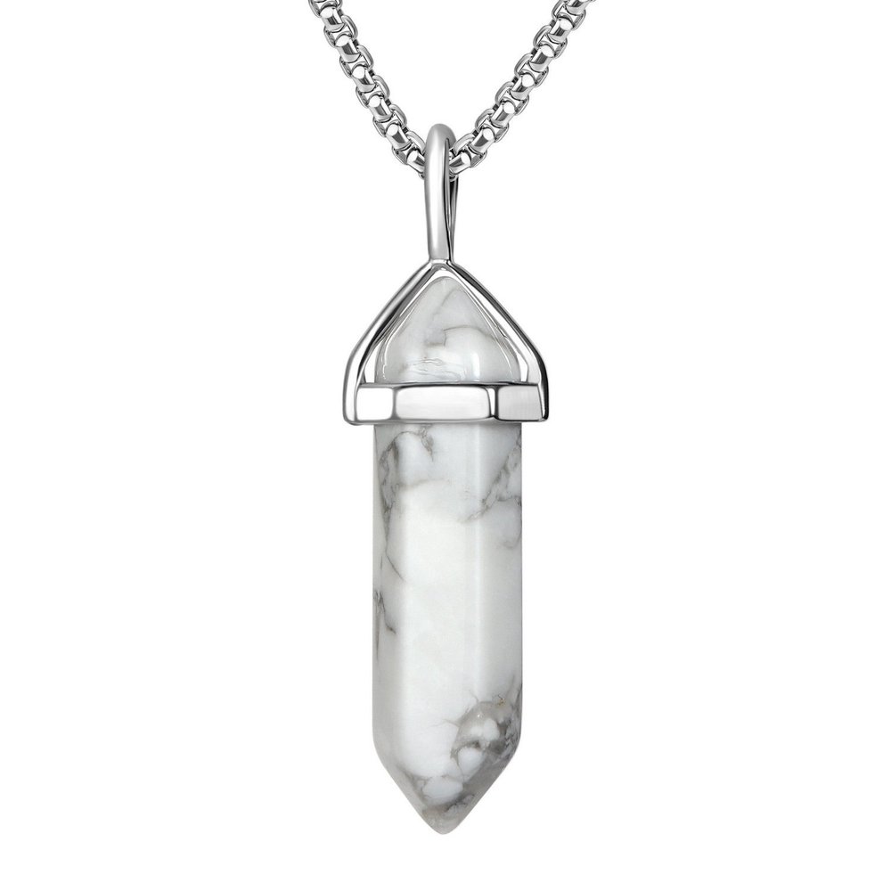 BEADNOVA White Howlite Necklace Gemstone Crystal Necklace for Women Healing Stone pendant Jewelry for Men Pendulum Divination Hexagonal pendant (18 Inches Stainless Steel Chain)