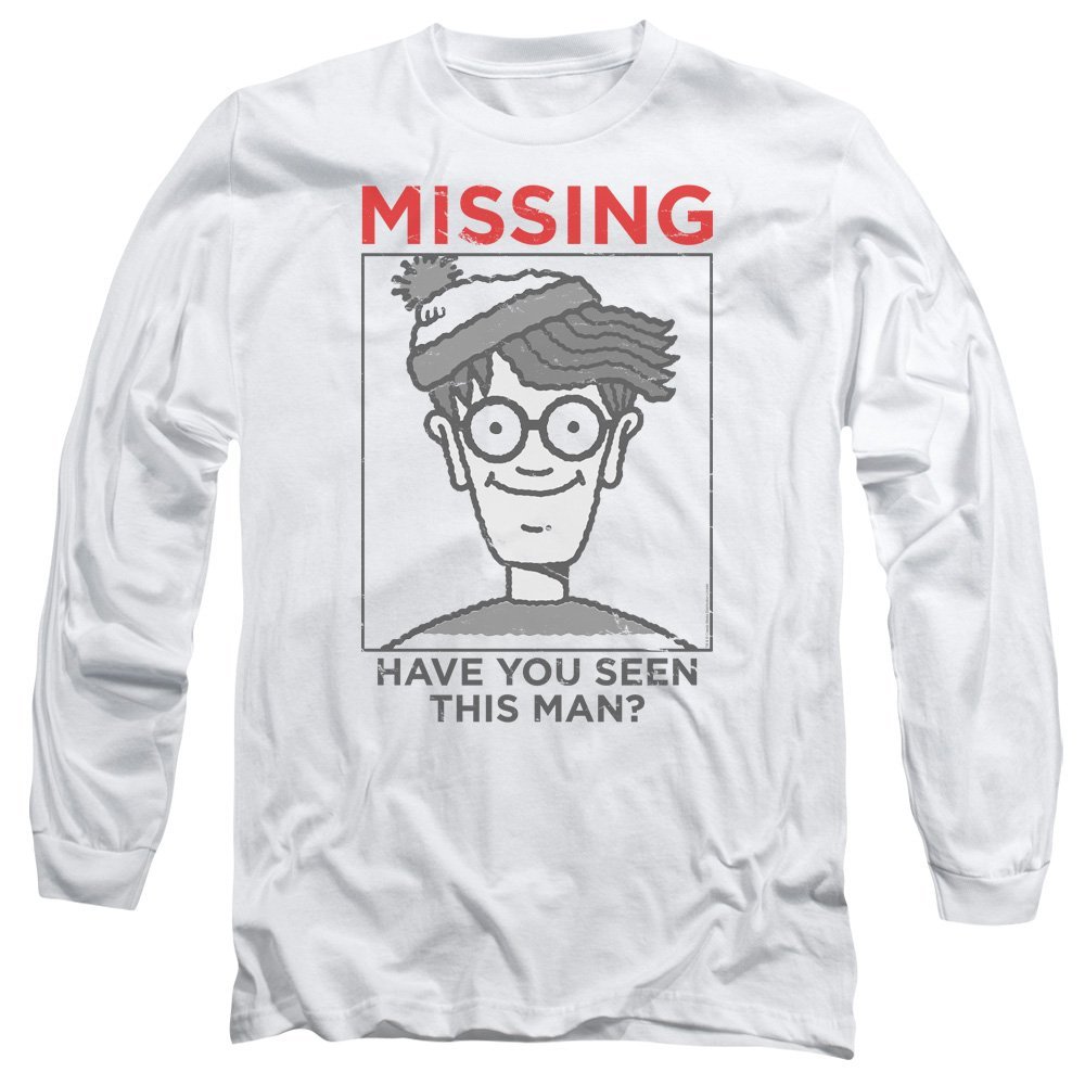 Trevco Where's Waldo Missing Unisex Adult Long-Sleeve T Shirt for Men and Women White