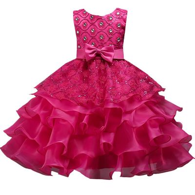 DreamHigh Wedding Flower Girl's Ruffles Lace Cute Bow Waist Evening Dress up Rose 3-4 Years
