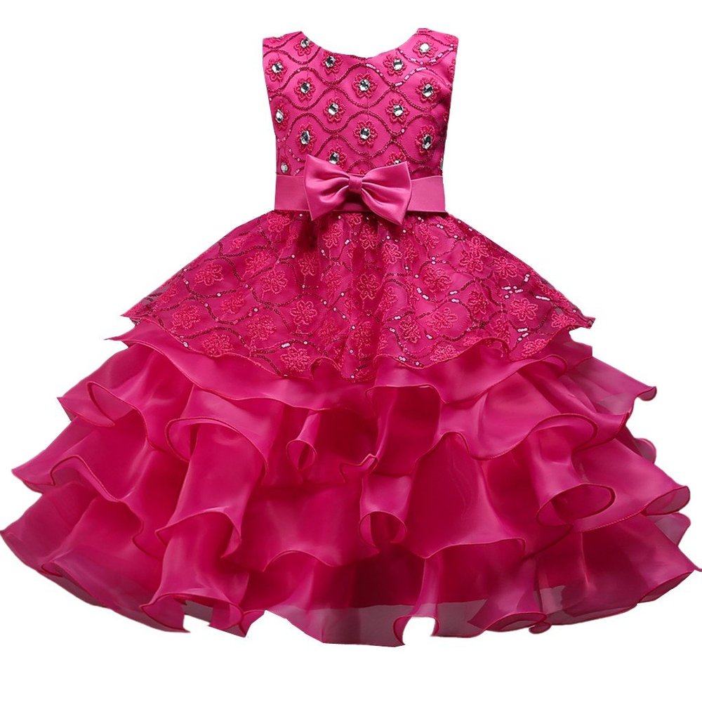 DreamHigh Wedding Flower Girl's Ruffles Lace Cute Bow Waist Evening Dress up Rose 3-4 Years