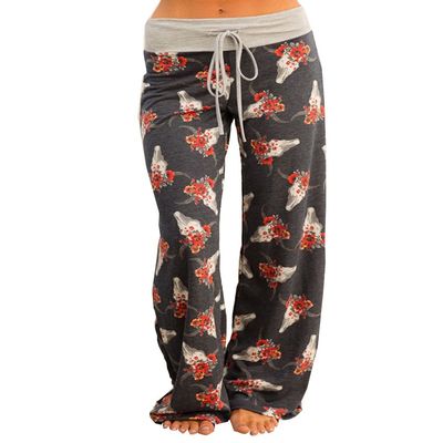 Women's Floral Drawstring High Waisted Wide Leg Pants Dark Grey US 2-4