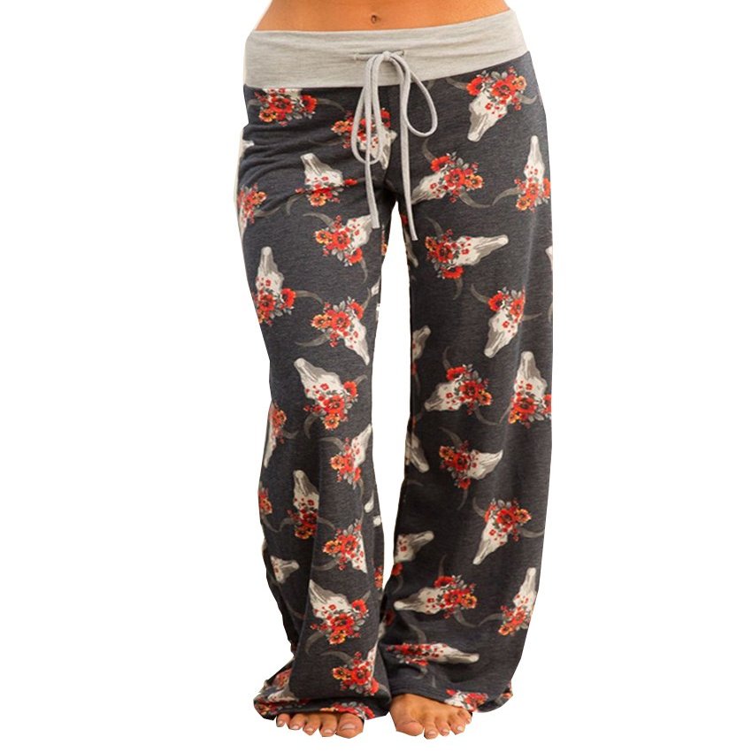 Women's Floral Drawstring High Waisted Wide Leg Pants Dark Grey US 2-4