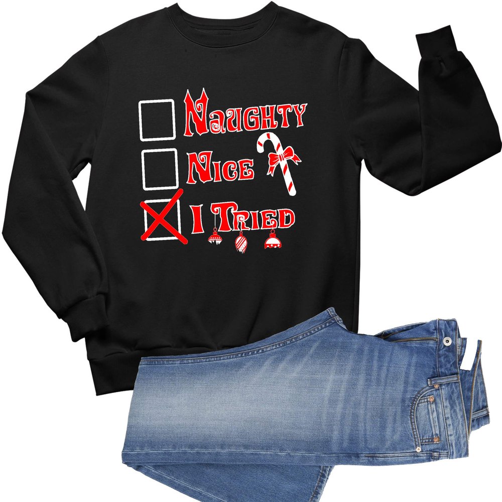 Go All Out XXXXX-Large Black Adult Naughty Nice I Tried Funny Christmas Sweatshirt Crewneck