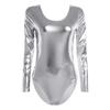 FEESHOW Women's Long Sleeve Shiny Metallic Gymnastics Dance Leotard Silver Large view 1
