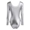 FEESHOW Women's Long Sleeve Shiny Metallic Gymnastics Dance Leotard Silver Large view 2