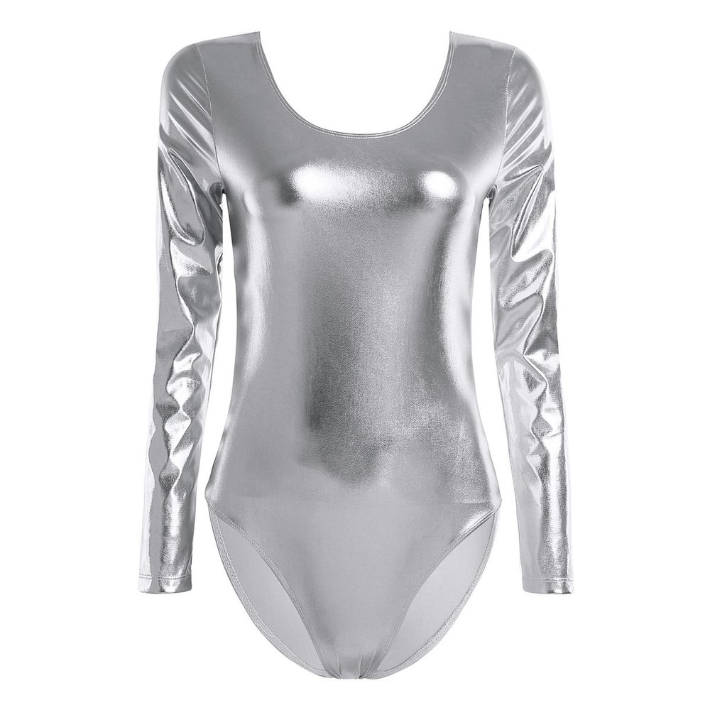 FEESHOW Women's Long Sleeve Shiny Metallic Gymnastics Dance Leotard Silver Medium