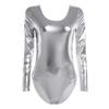 FEESHOW Women's Long Sleeve Shiny Metallic Gymnastics Dance Leotard Silver Medium view 1