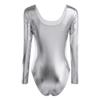 FEESHOW Women's Long Sleeve Shiny Metallic Gymnastics Dance Leotard Silver Medium view 2