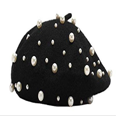 2021 Vintage Pearl Wool Beret Hat Lady Fashion Artist Hat (Black)