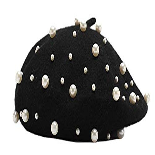 2021 Vintage Pearl Wool Beret Hat Lady Fashion Artist Hat (Black)