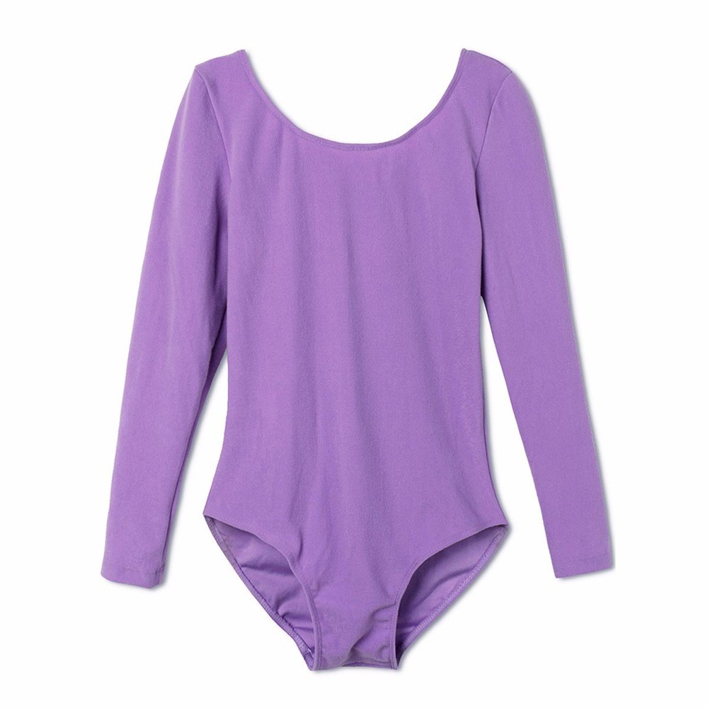 FEESHOW Girls Team Basic Long Sleeve Ballet Dance Tutu Dress Gymnastics Leotard Dancewear Outfit Lavender Leotard 7-8