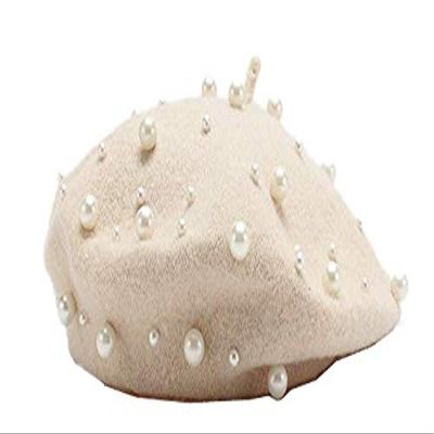 2021 Vintage Pearl Wool Beret Hat Lady Fashion Artist Hat (Beige)
