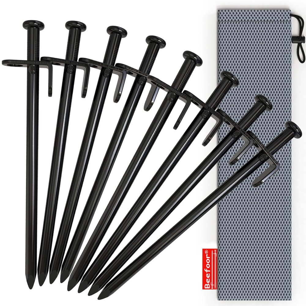 BareFour Tent Stakes Heavy Duty, 8-Inch Camping Stakes, Forged Steel Tent Pegs Unbreakable and Inflexible - Available in Rocky Place Dessert Snowfield and Grassland (8 Pack 8 Inch)