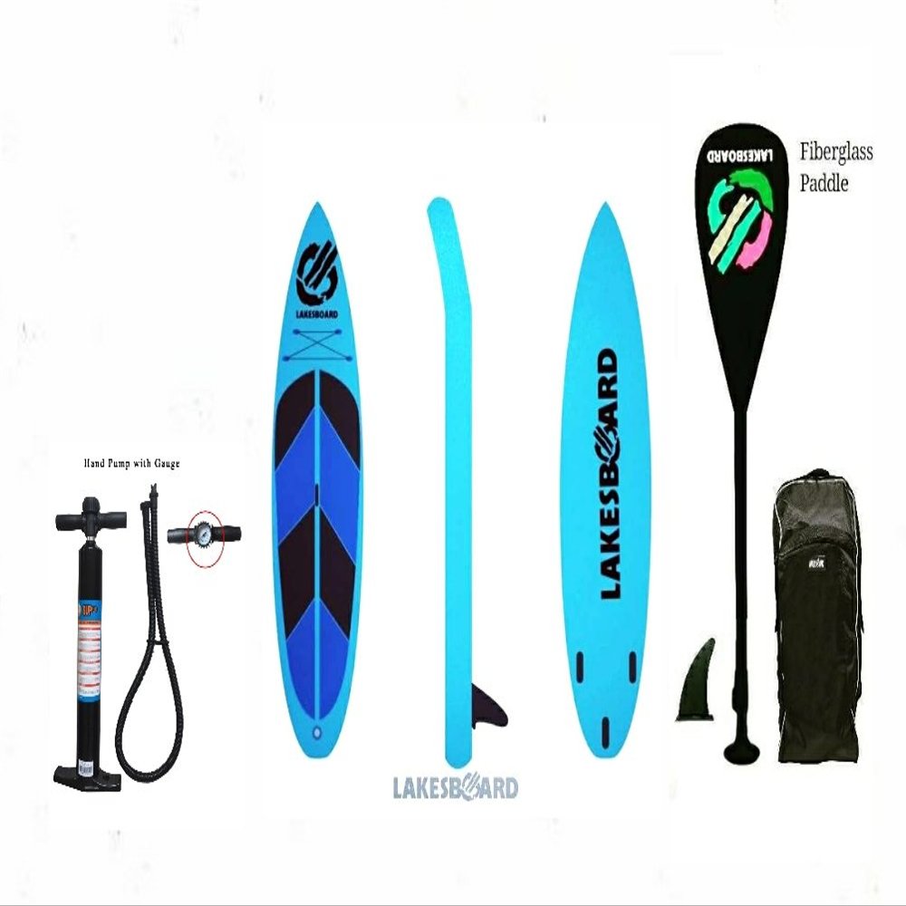 11' Stand Up Paddleborad Lakesboard iSUP Master Bundle Package with Fiberglass Paddle, Air Pump, Backpack, Fin (Blue)