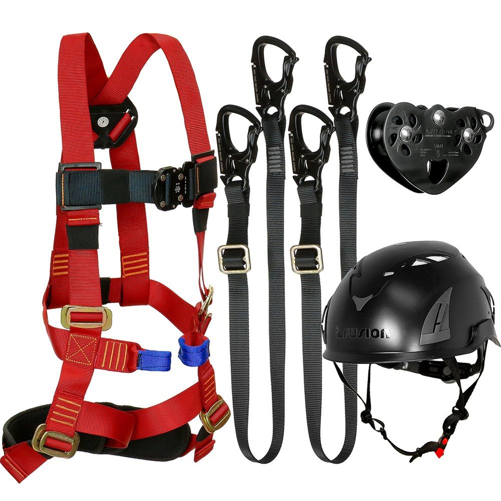 Fusion Climb Tactical Edition Kids Commercial Zip Line Kit Harness/Dual Lanyard/Trolley/Helmet Bundle FTK-K-HLLTH-08
