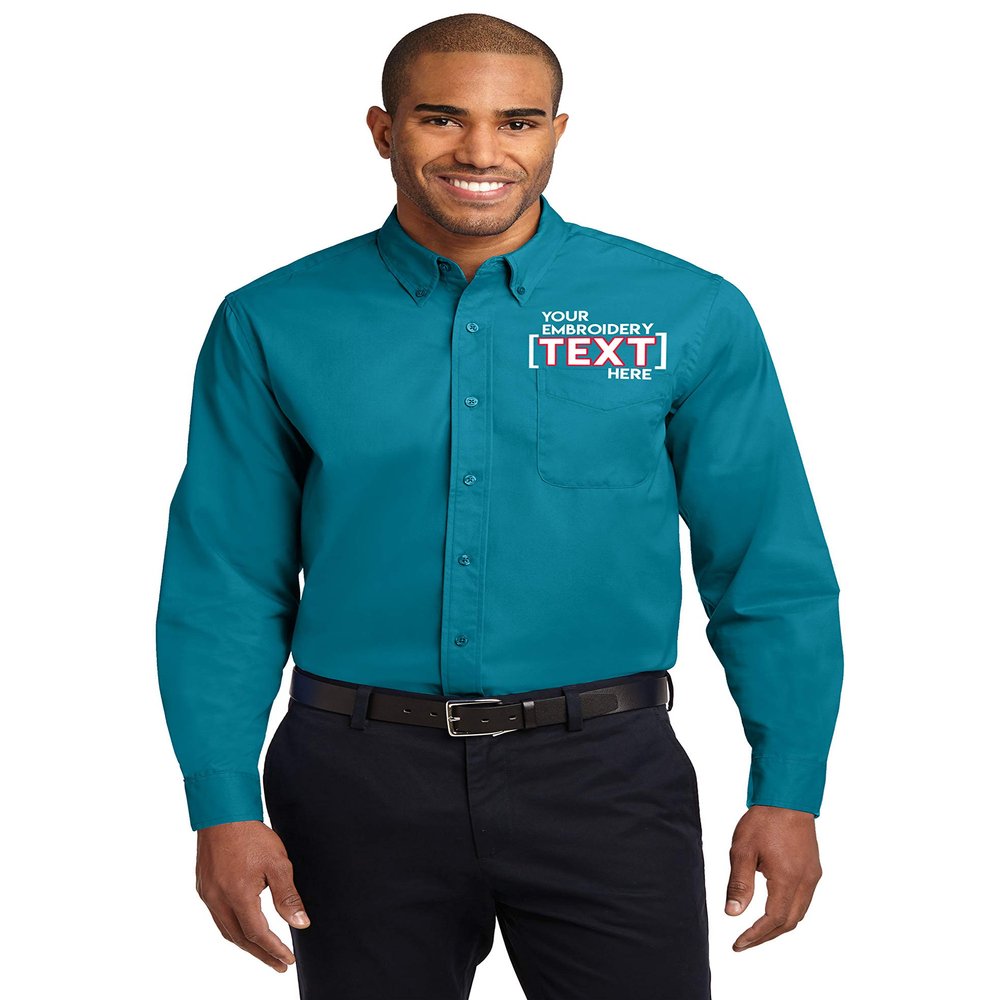 Custom Long Sleeve Button Up Shirts for Men - Add Your Text - Personalized Embroidery Button Down Easy Care Shirts Teal Green, 3X-Large